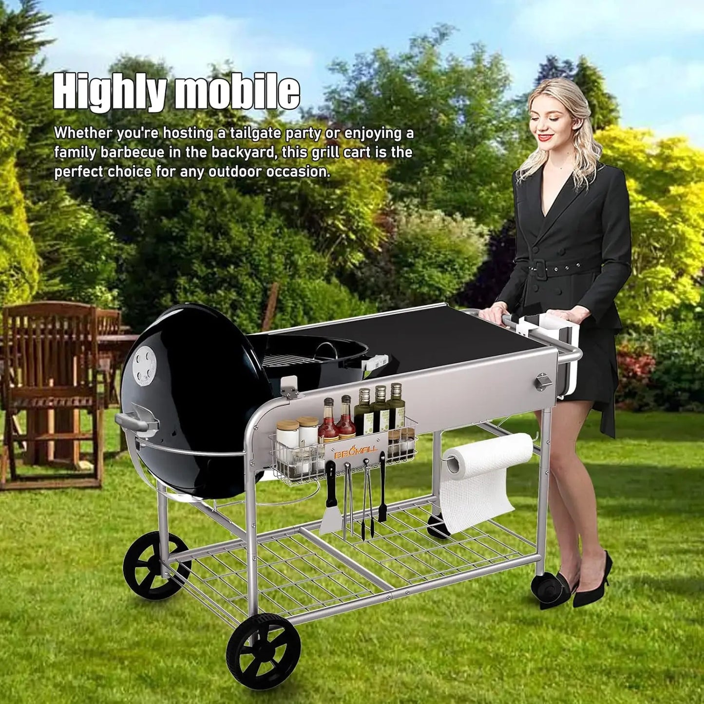 Grill Table Stand Cart for Weber 22 Inch and 18 Inch Original Kettle Jumbo Joe and Master Touch Charcoal Grill Outdoor Prep Table Cooking Station - A to Z Outdoor Store