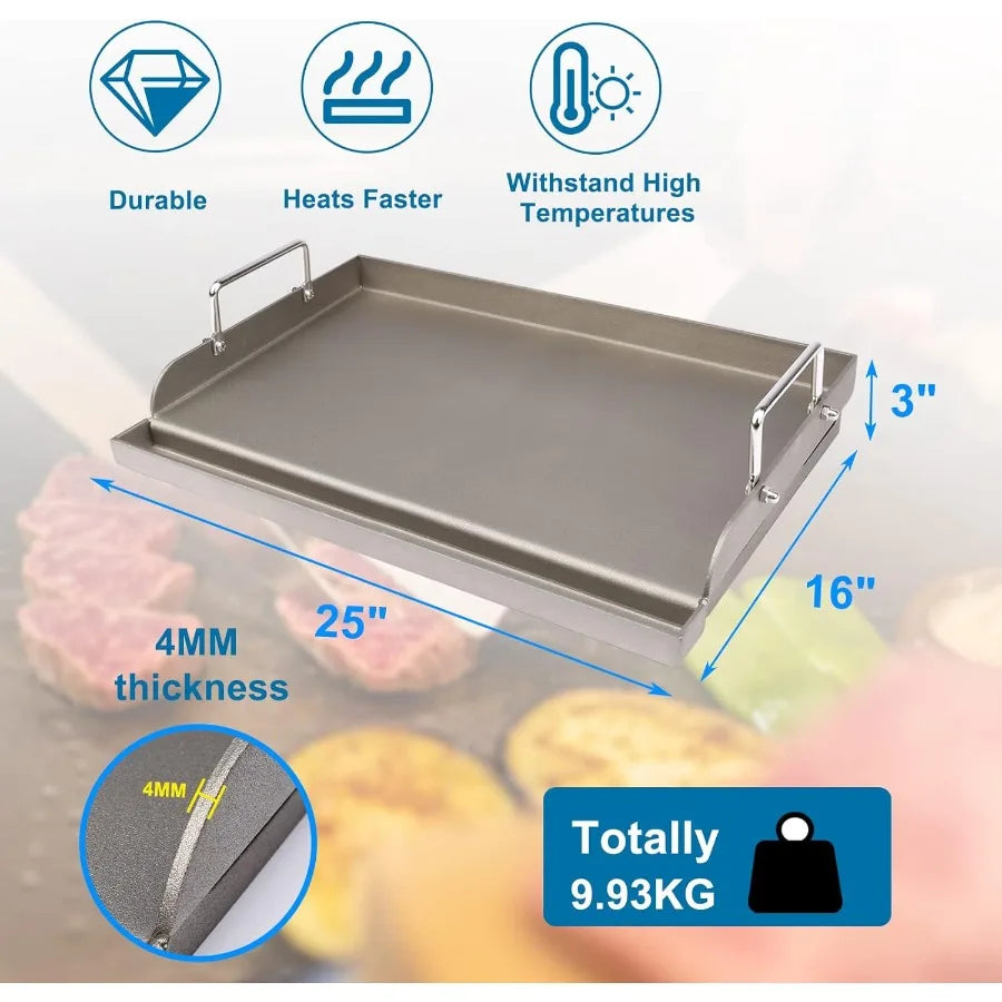 Cast Iron Griddle for Gas Grill Flat Top Griddle Insert 25 x 16 Cooking Plate Pan Teppanyaki for Charcoal Grill - A to Z Outdoor Store