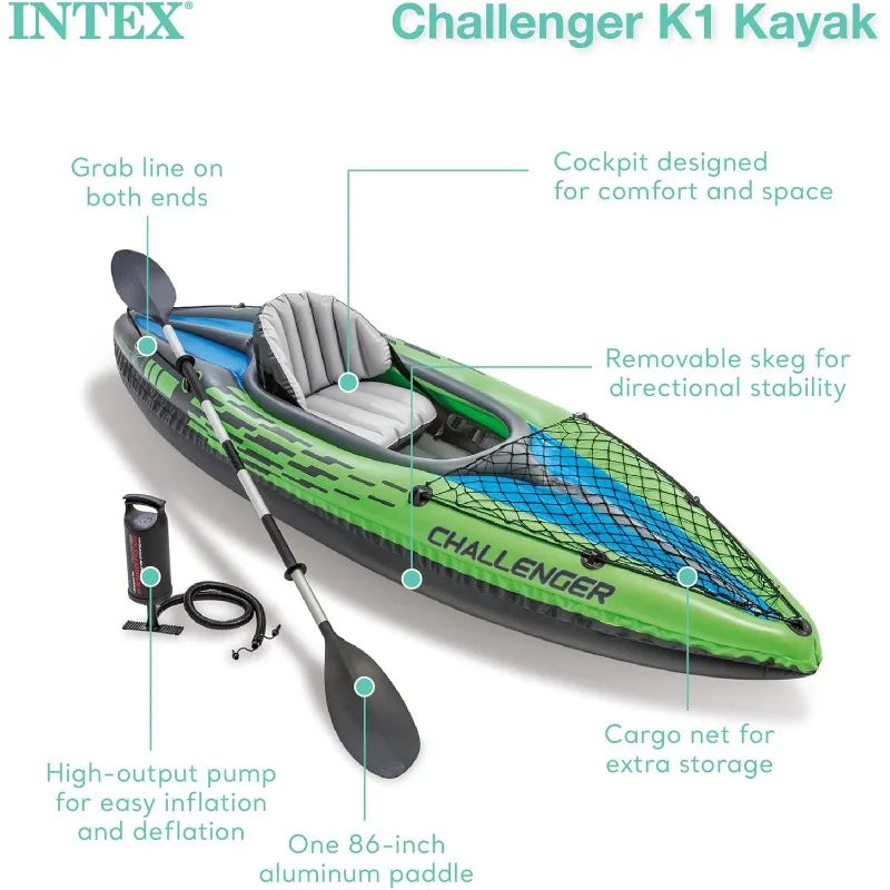 Intex Challenger Inflatable Kayak Series with Deluxe 86 Inch Paddles and High Output Pump Super Strong PVC - A to Z Outdoor Store