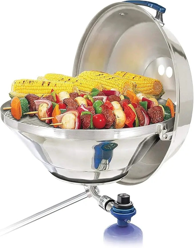 Magma Marine Kettle 3 Portable Gas Grill and Stove Stainless Steel BBQ with Electronic Ignition Wind Resistant Design - A to Z Outdoor Store