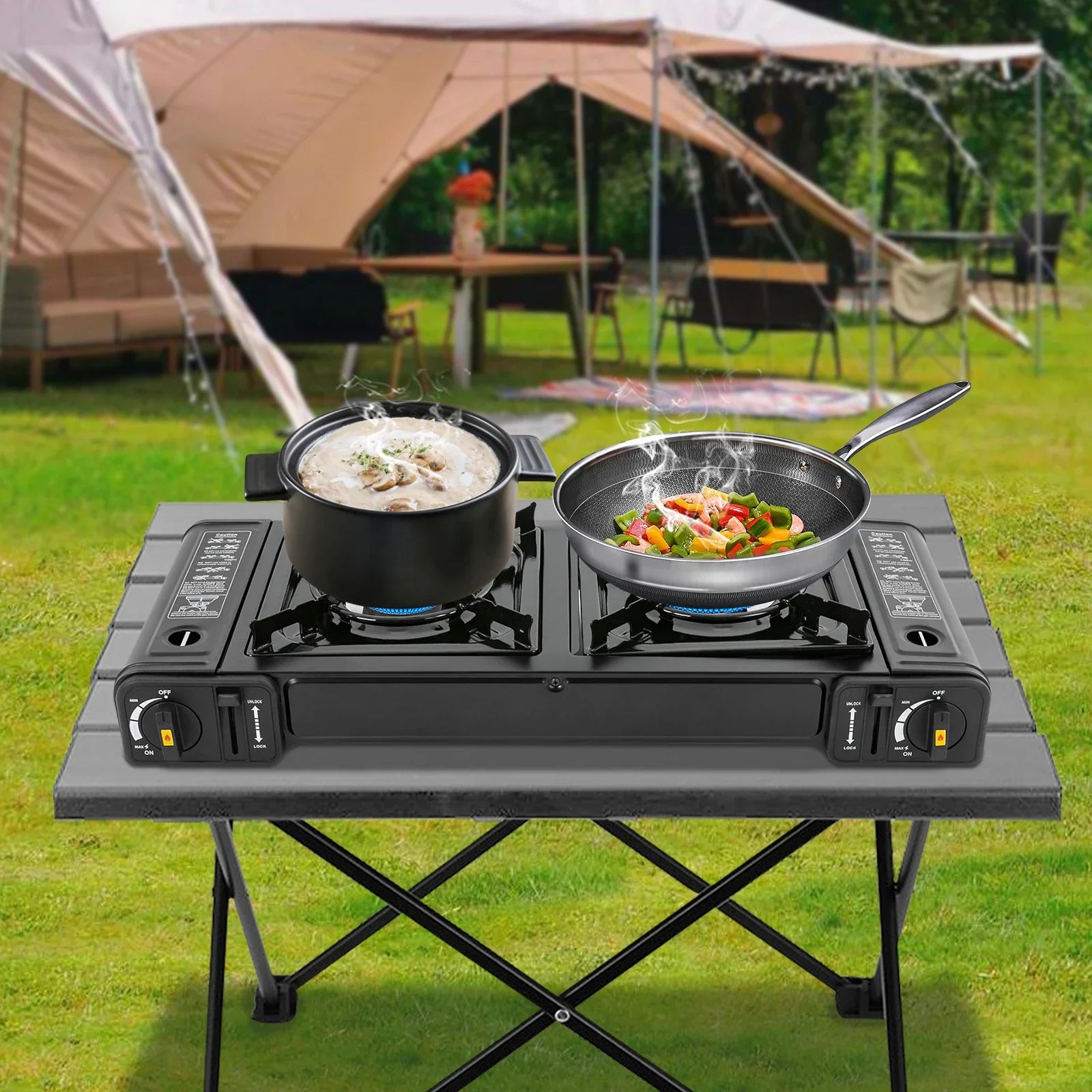 Portable Camping Stove With 2 Burners Butane And Carrying Case Adjustable Fire Power Auto Ignition For RV Travel Use - A to Z Outdoor Store