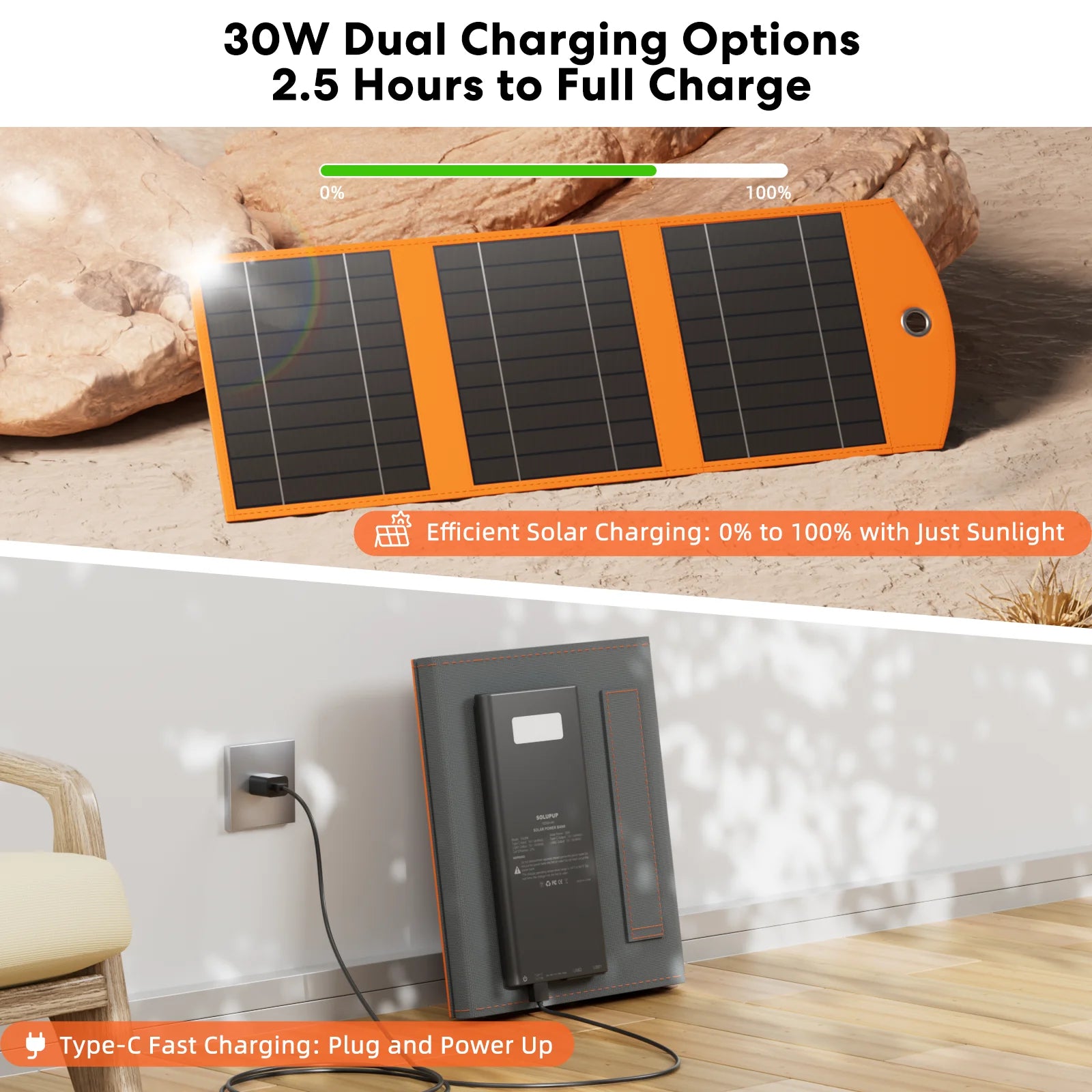 30W 10W Solar Panel with 10000mAh Power Bank Portable Solar Charger for Outdoor Camping Hiking Phones Emergency Devices - A to Z Outdoor Store